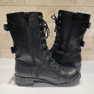 UNR8ED Dome Black Combat Boots 9.5M Mid Calf Lace Up Side Zip Buckle Cap Toe